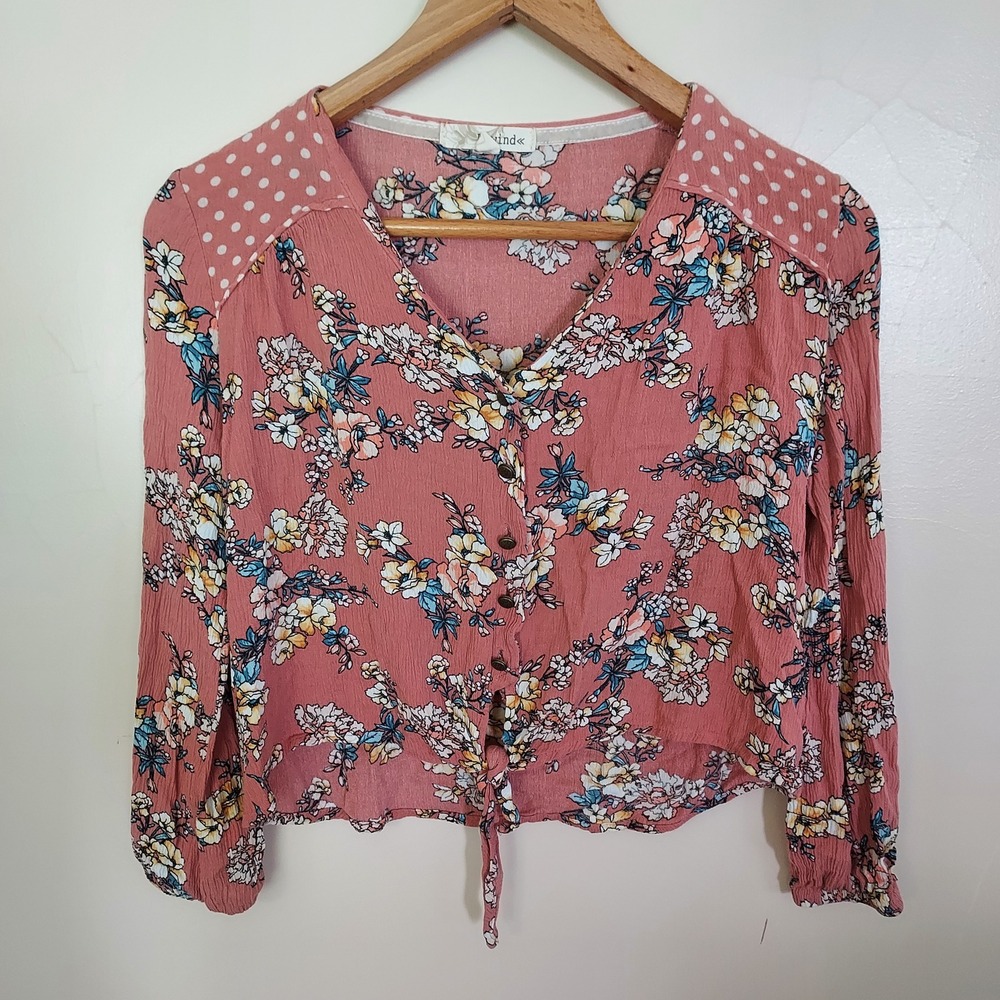 Rewind Boho Floral Polka Dot Tie Front Blouse XS Pink Long Sleeve Crop Top
